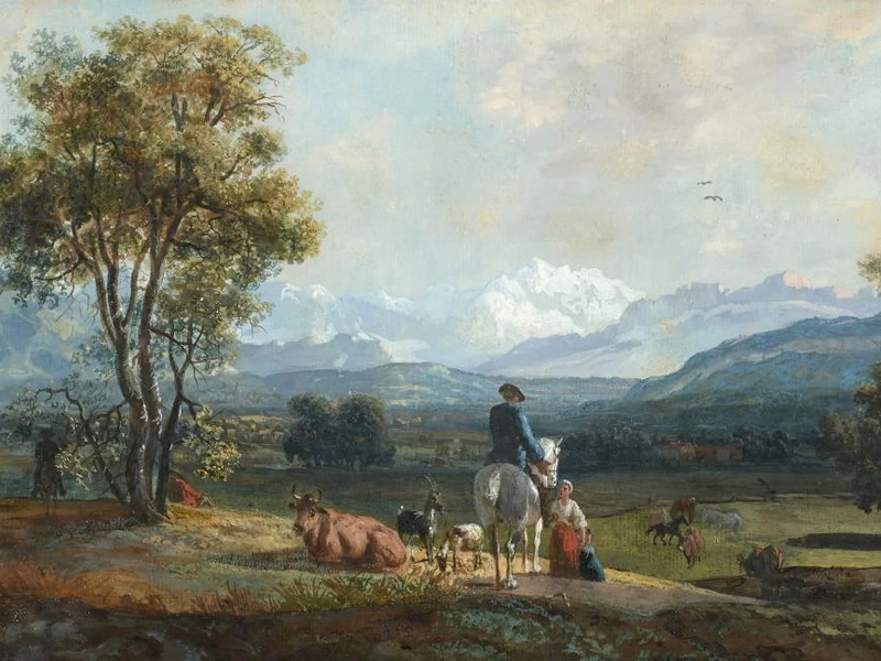 1721-Jean Huber - Personaggi davanti al panorama del massiccio del Monte Bianco e della baia di Ginevra